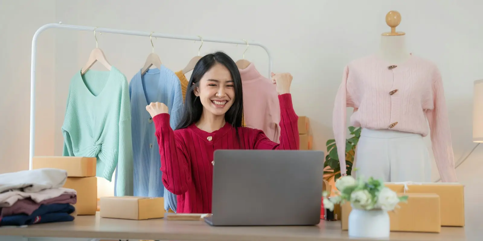Lojista comemorando em frente ao notebook na loja de roupas